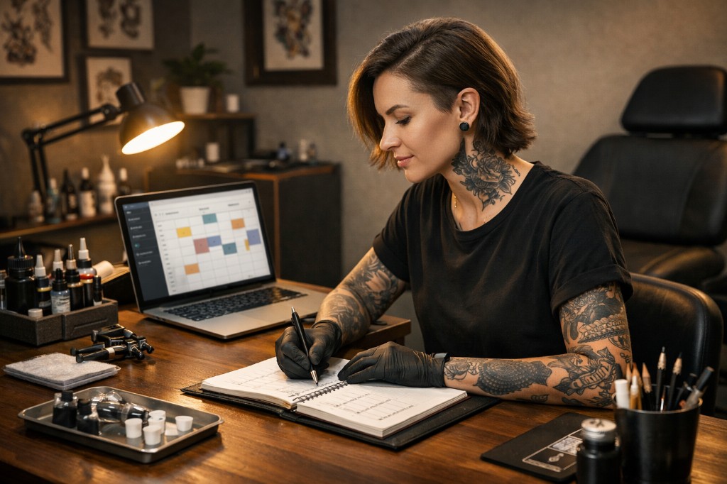 Tatuadora no estúdio: agenda e organização. Cliente do Cara Core Ink Agenda.