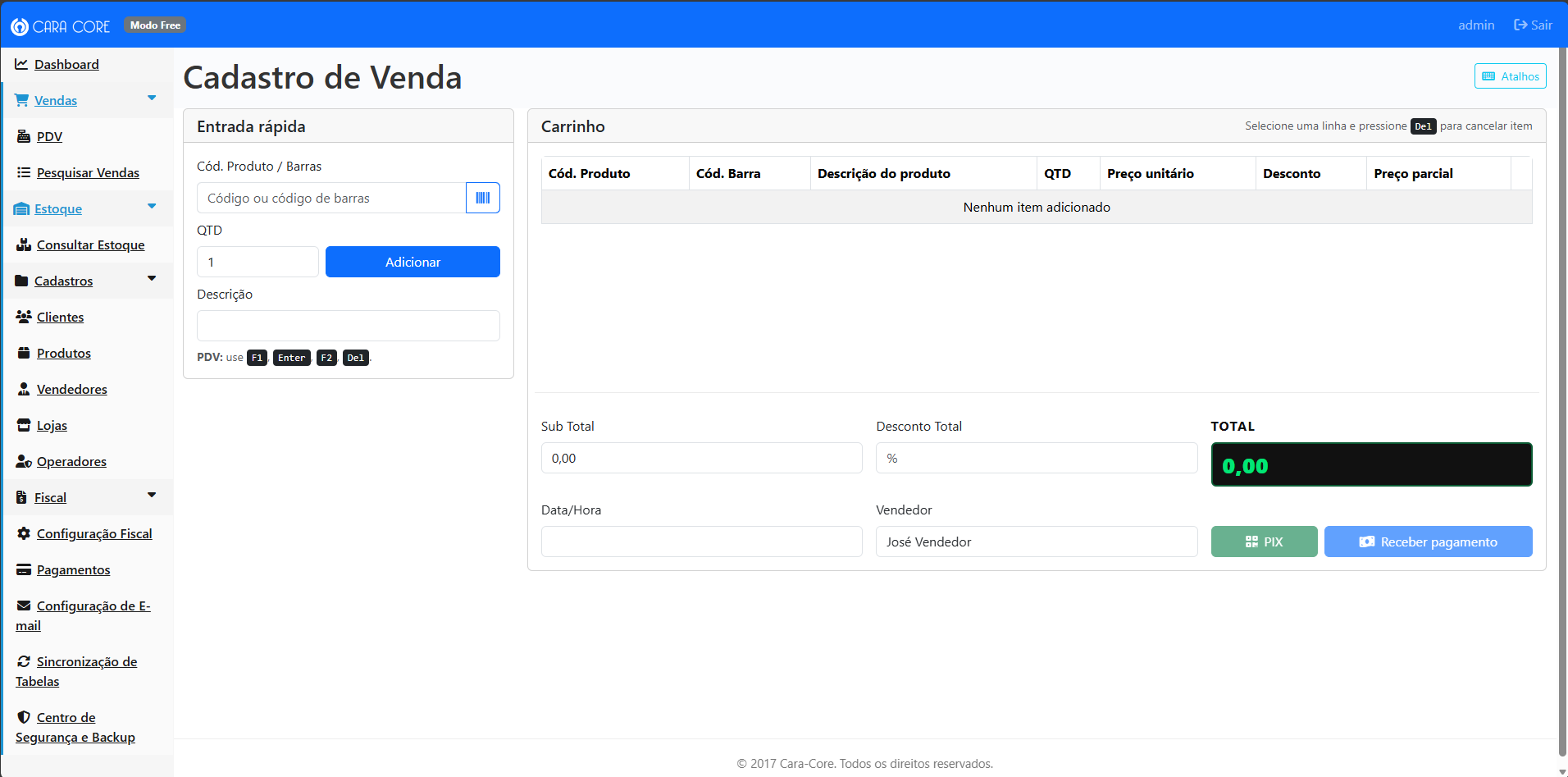 Tela de Cadastro de Venda (PDV): entrada rápida, carrinho e total