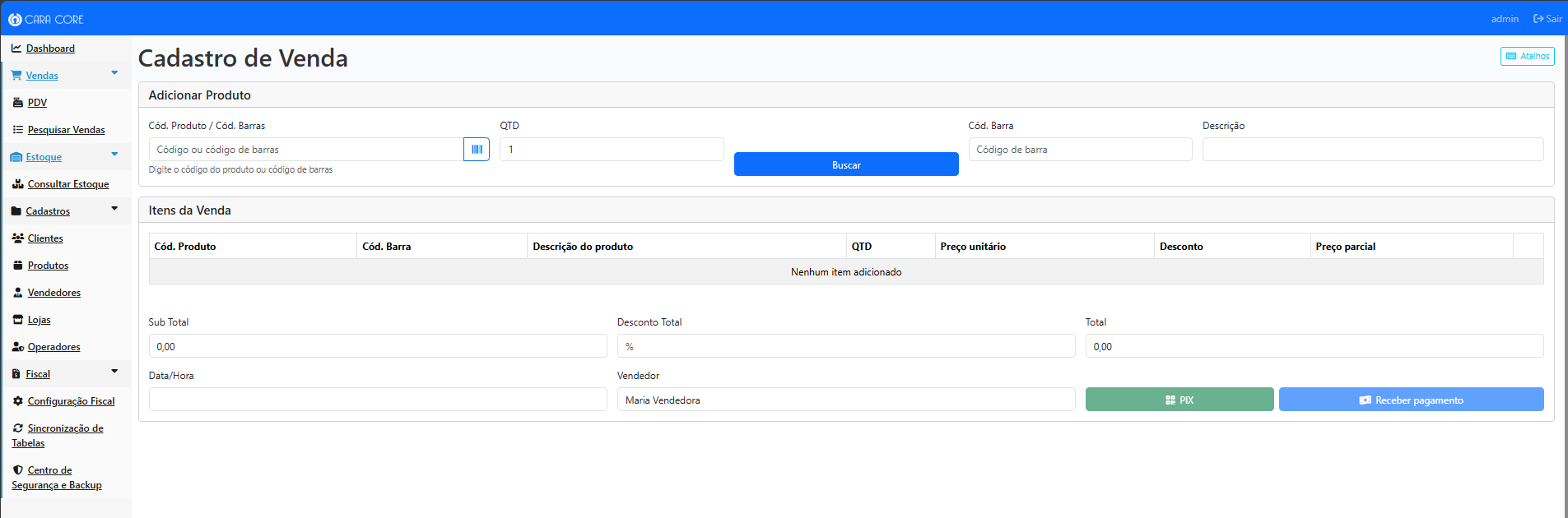 Interface de Frente de Caixa - CaraCore-PDV