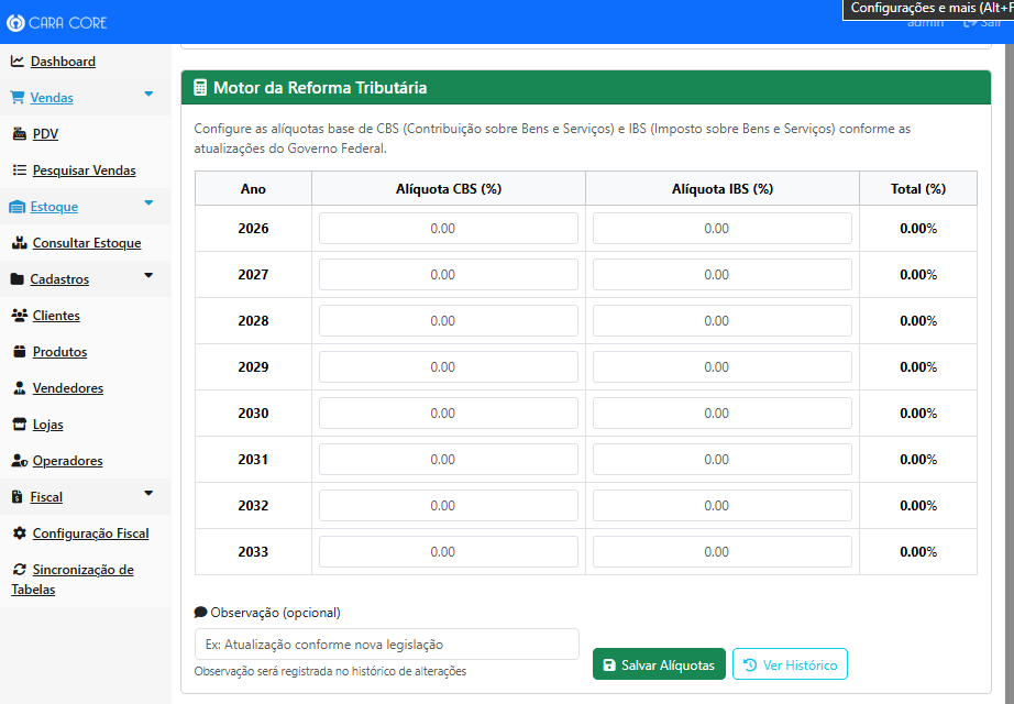 Motor da Reforma Tributária - Tabela de Alíquotas CBS e IBS