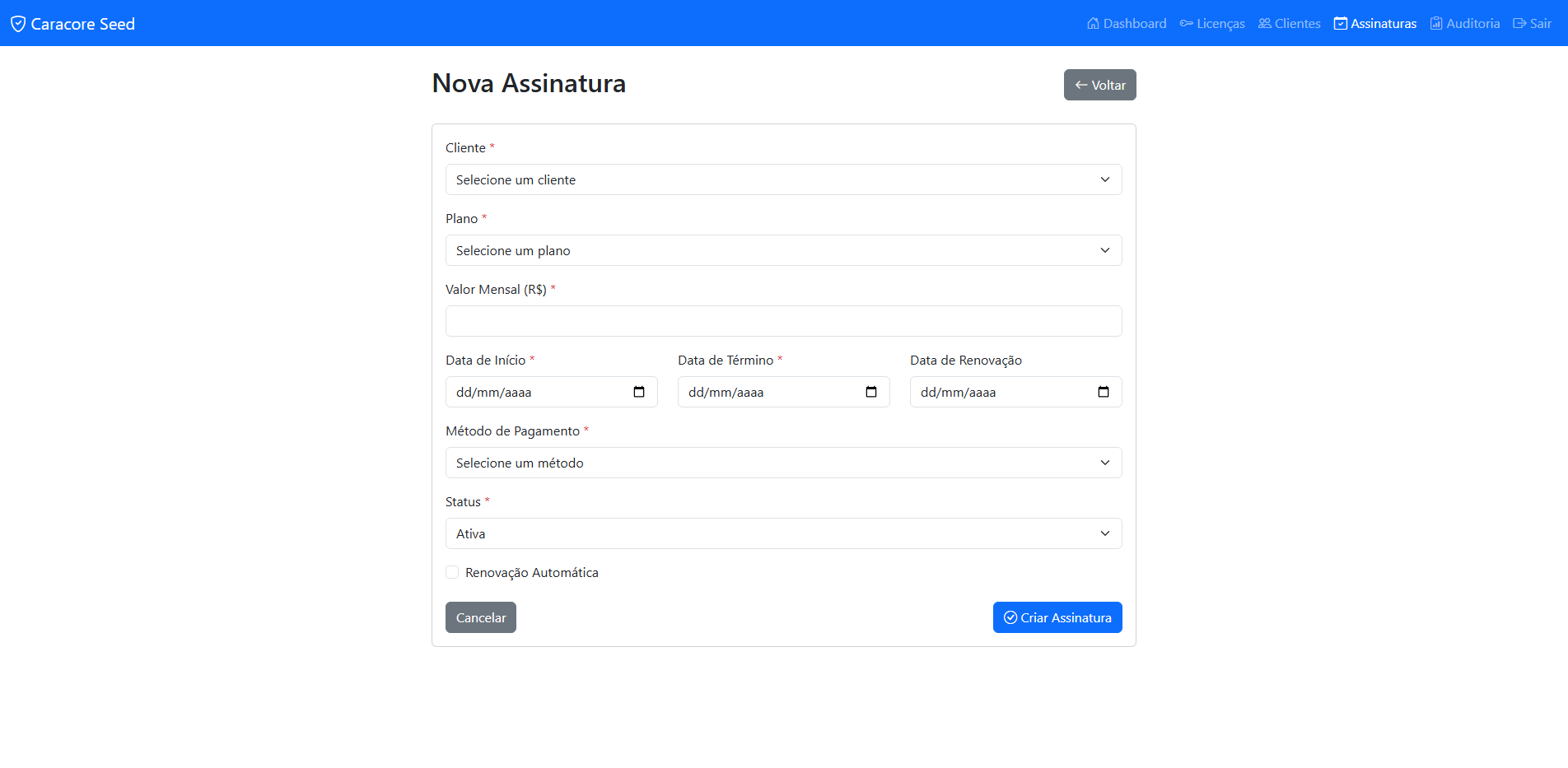 Criar Nova Assinatura